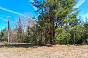 Wooded 8-acre property for sale in Rhinelander with mature trees, direct access to adjoining Wisconsin State Land, and 30x50 concrete pad ready for construction.